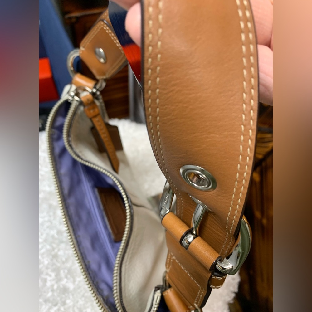 Coach Pebbled Leather Shoulder Bag Cream with Brown Strap, purple interior. - Picture 9 of 16